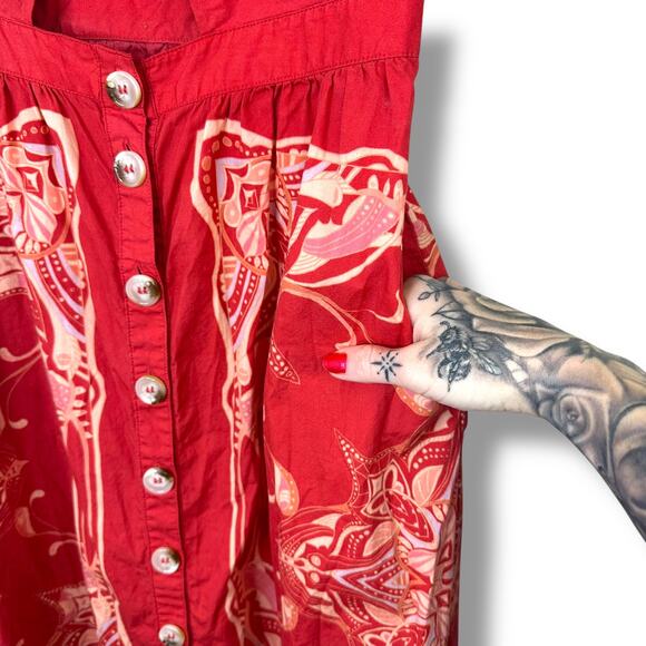 Free People Linvilla Red Bandana Button Knot Tie Front Midi Cap Sleeve Dress - Picture 7 of 9